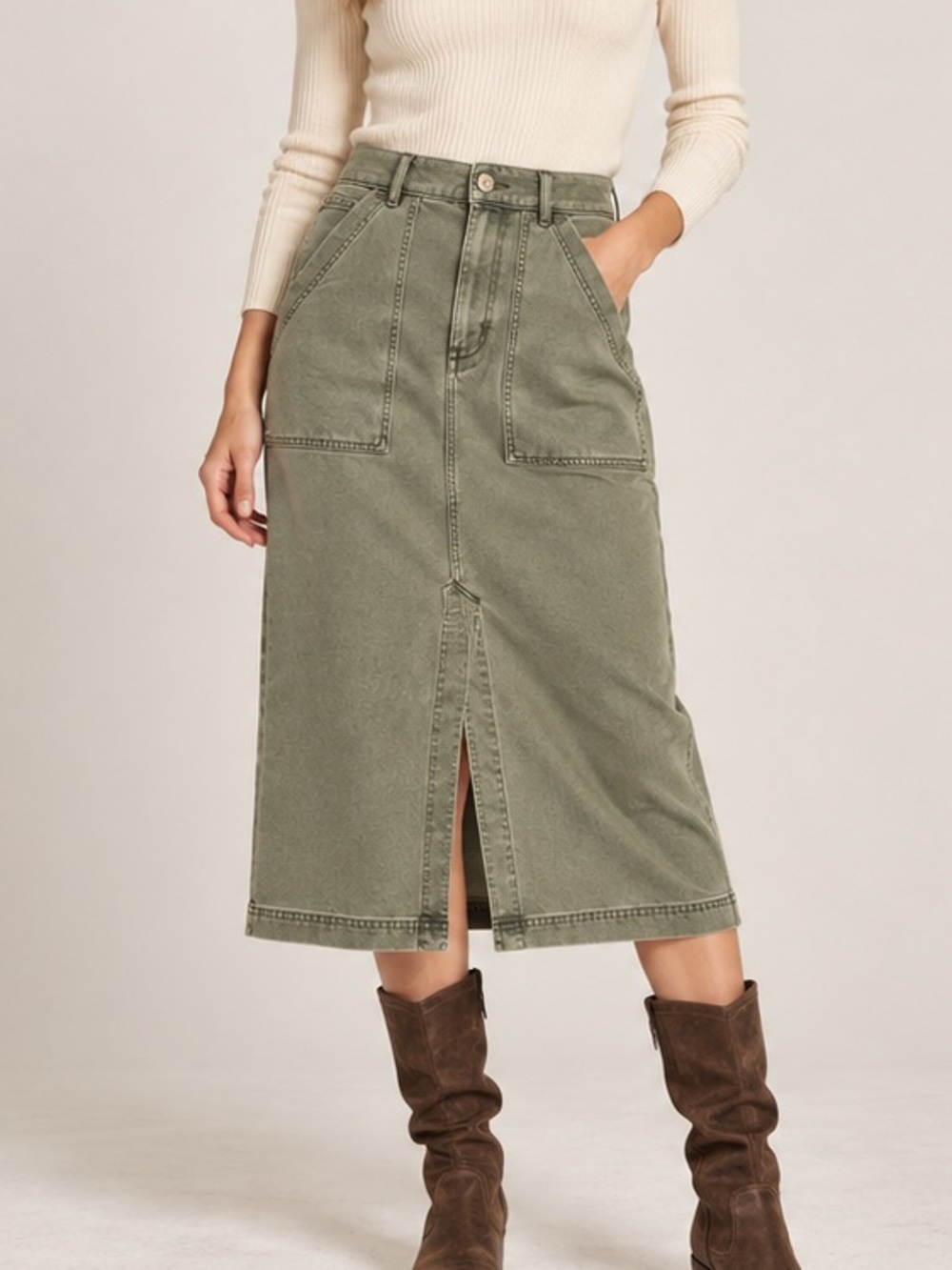 Per Una Olive Utility Cargo Midi Skirt Patch Pocket Workwear Minimalist NWT